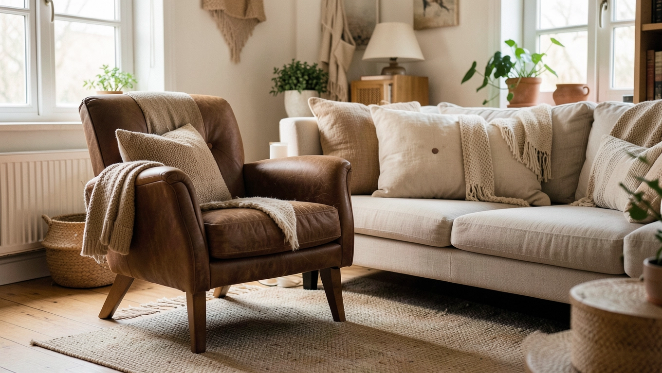 Ciepłe brązy fotela z beżową sofą